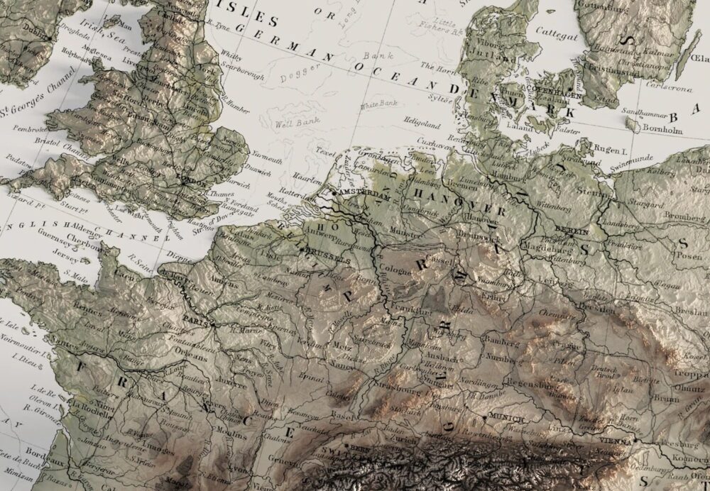 A vignette showing depth and elevation over an historic map of Europe by East of Nowhere