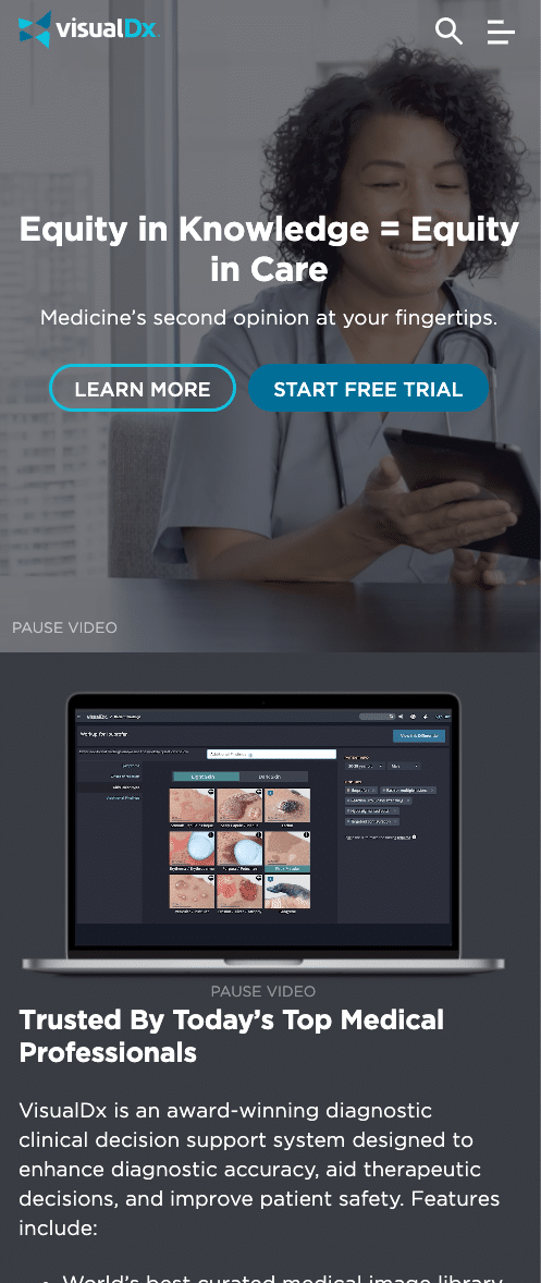 VisualDx's responsive home page shown on a mobile mockup