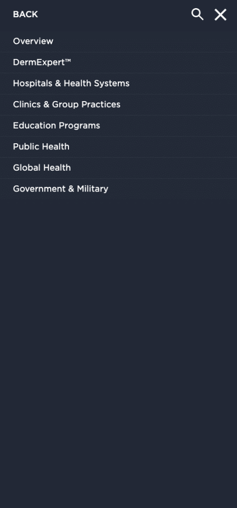 VisualDx's responsive navigation shown on a mobile mockup