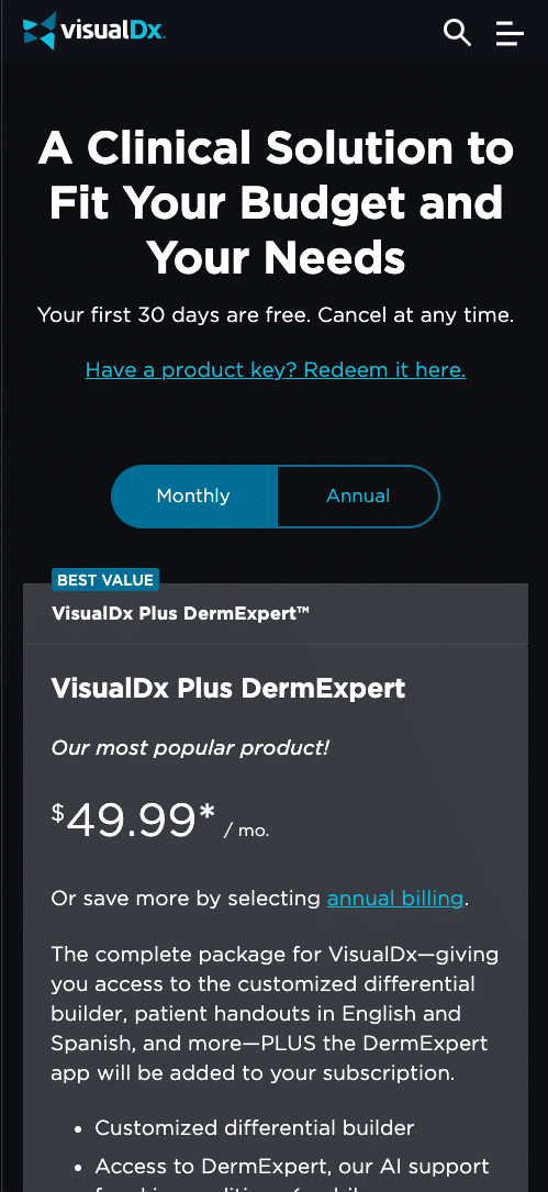 VisualDx's responsive and dynamic pricing page shown on a mobile mockup