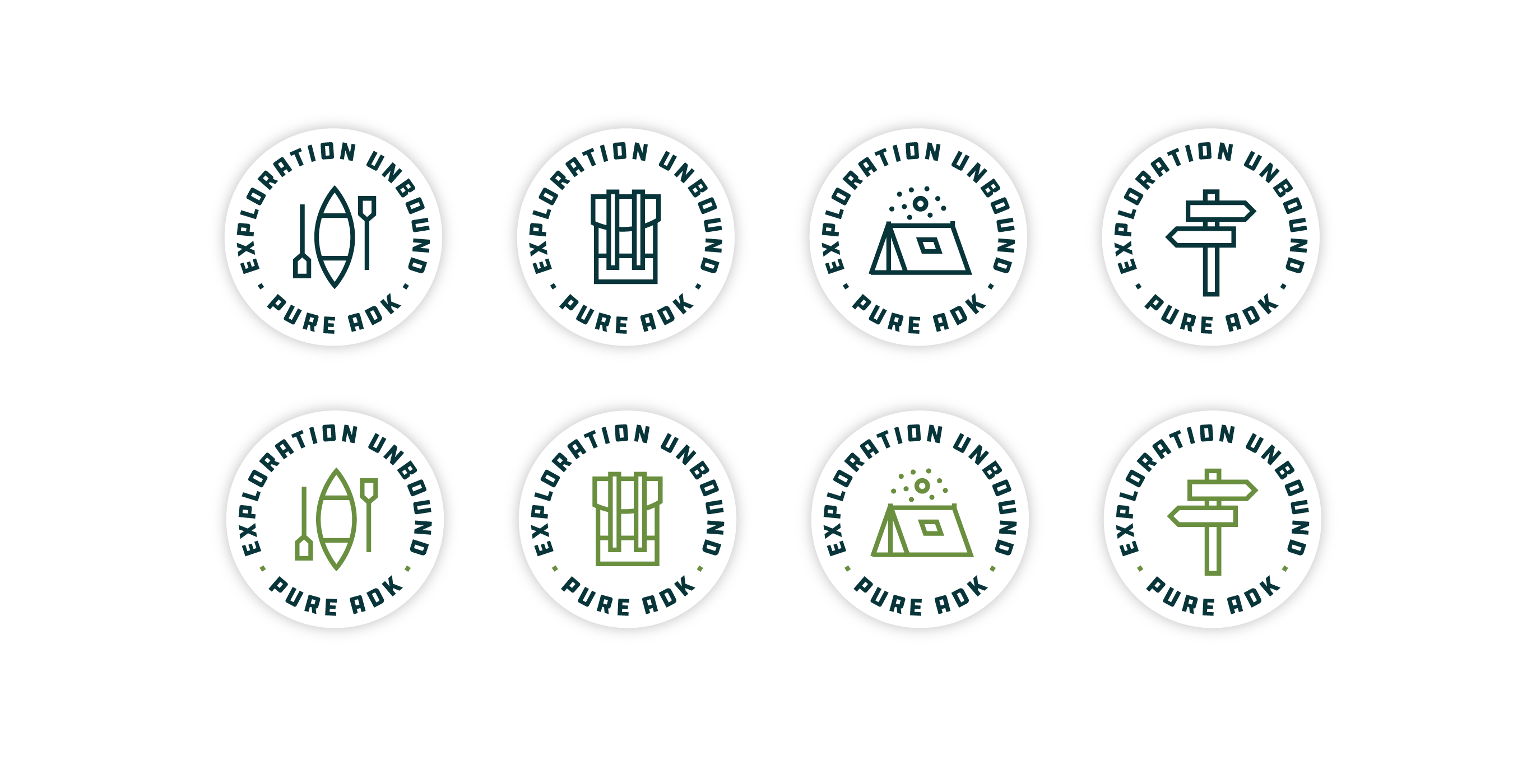 A series of eight camping-inspired stickers in circular lockup. They each display a canoe and paddles, a hiking pack, a tent, a trail marker.