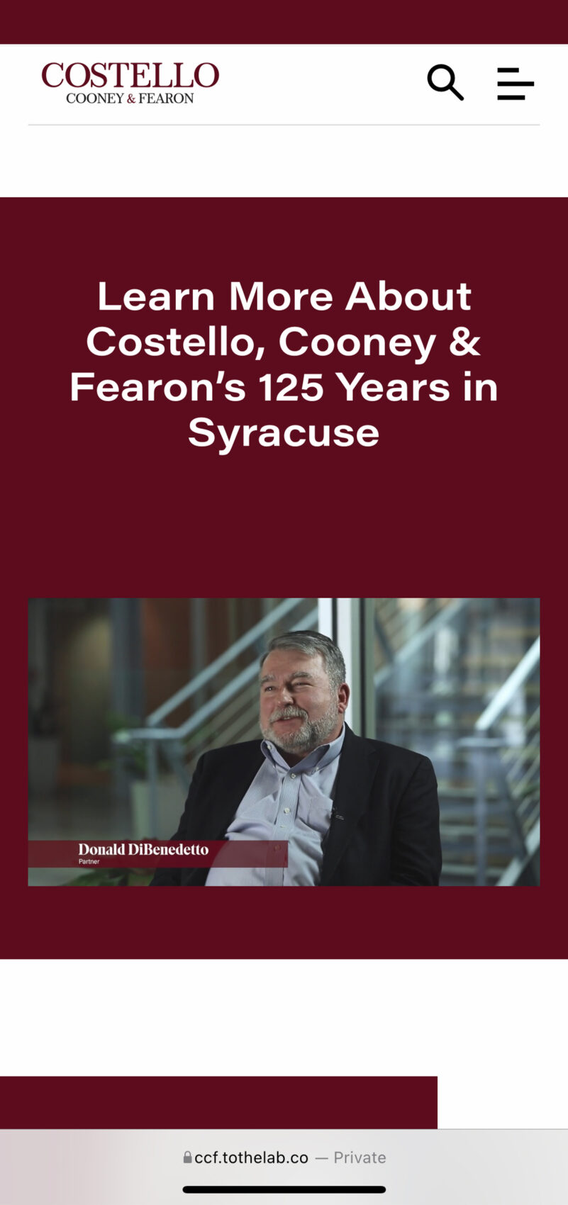 A mobile view of the Costello website showing the Firm's culture page with a video of a male partner embedded into the page
