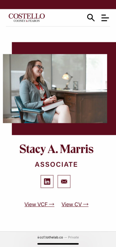 A mobile view of the Costello website showing an attorney bio page for Stacy Marris