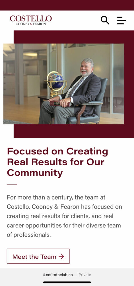 A mobile view of the Costello website showing a section of the home page focused on communicating the firms value with a picture of Don DiBenetto sitting in a chair laughing