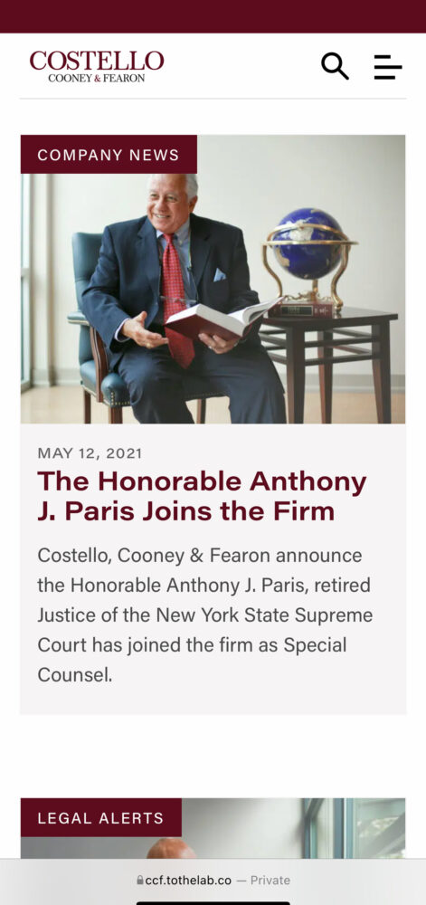 A mobile view of the Costello website showing an announcement for the addition of Judge Anthony Paris to the Firm's team