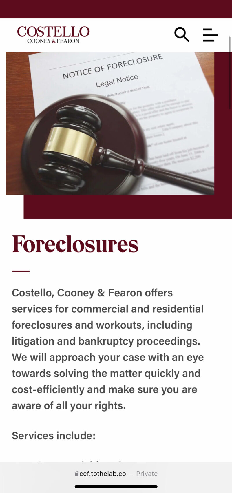 A mobile view of the Costello website showing a Practice Area page for Foreclosures