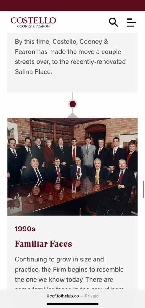 A mobile view of the Costello website showing a historical visual timeline for the firm with archival photos of the attorneys pictured here from 1990