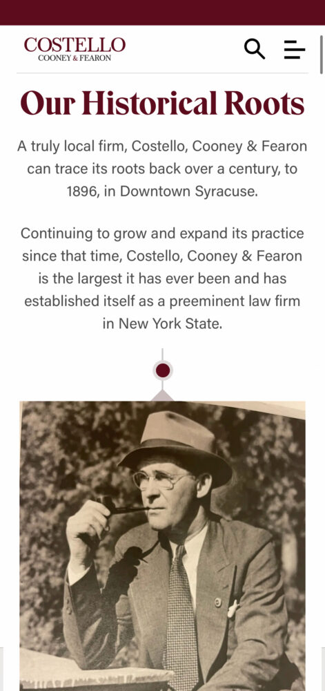 A mobile view of the Costello website showing a visual historical timeline with a picture of the founder Charles Cooney wearing a hat, glasses and smoking an old fashioned pipe, which was the style at the time