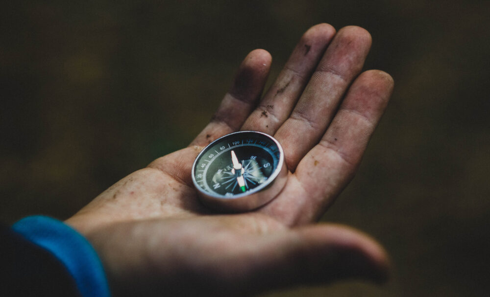 A person holds a compass with a green colored compass rose