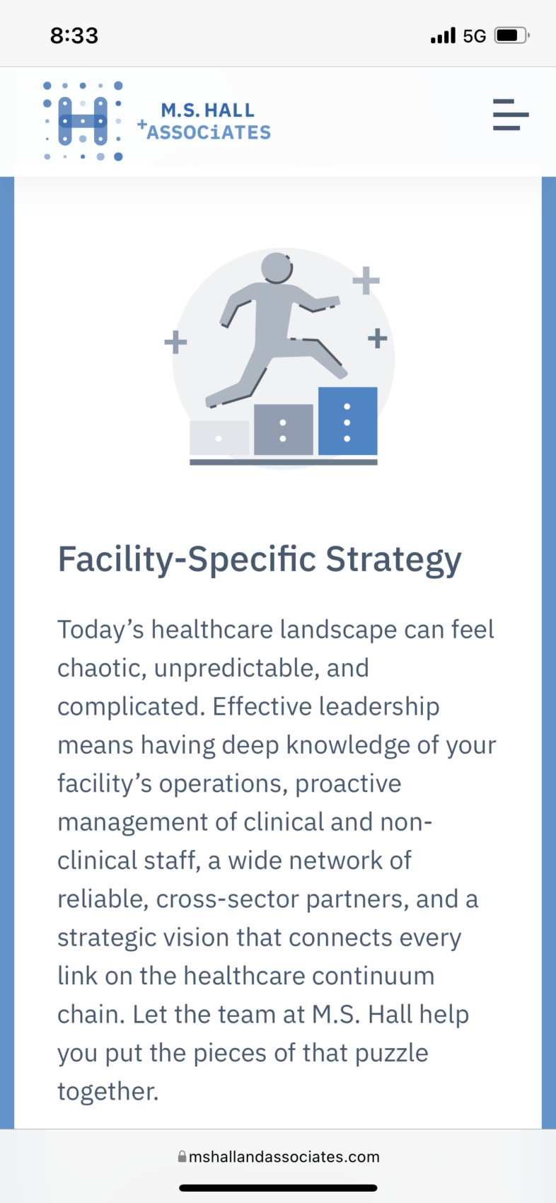 M.S. Hall + Associates responsive Facility Specific Strategy Services page shown on a mobile mockup