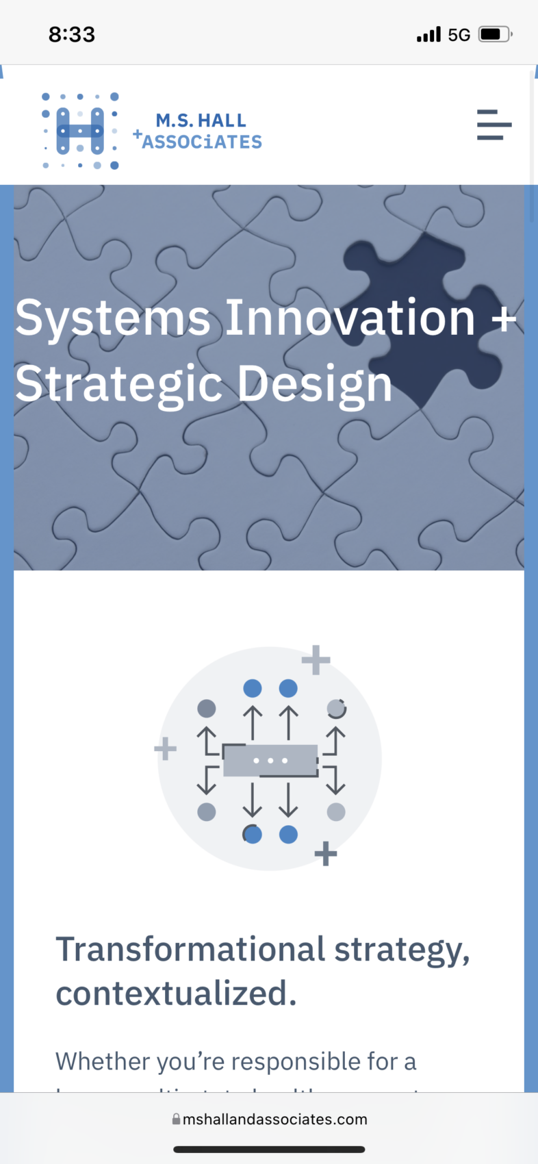 M.S. Hall + Associates responsive Strategic Design page shown on a mobile mockup