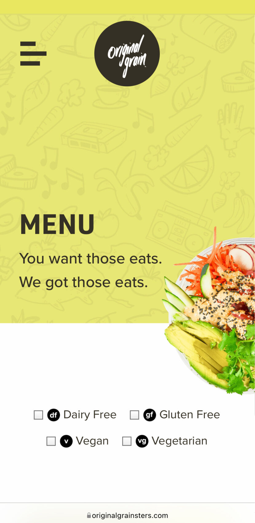 Original Grain's responsive and dynamic menu page shown on a mobile mockup