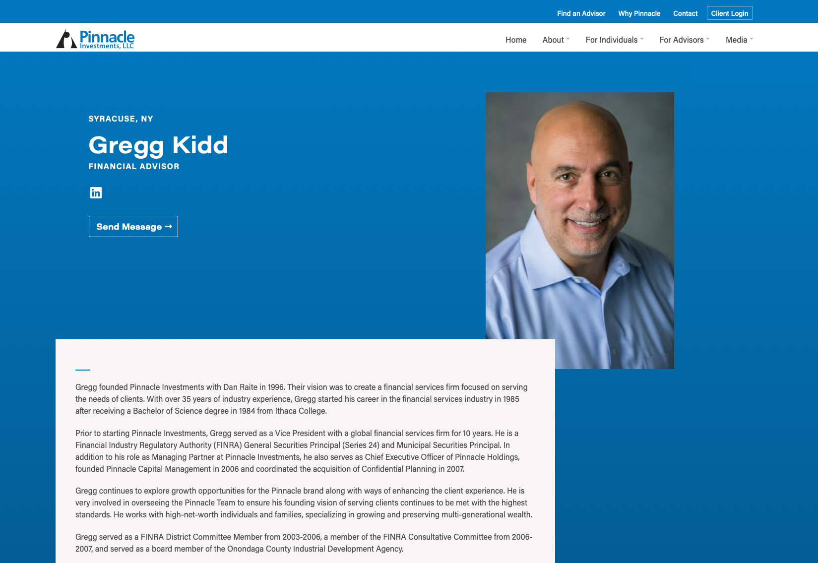 Pinnacle Investments website showing Founder, Gregg Kidd's profile page on a desktop view