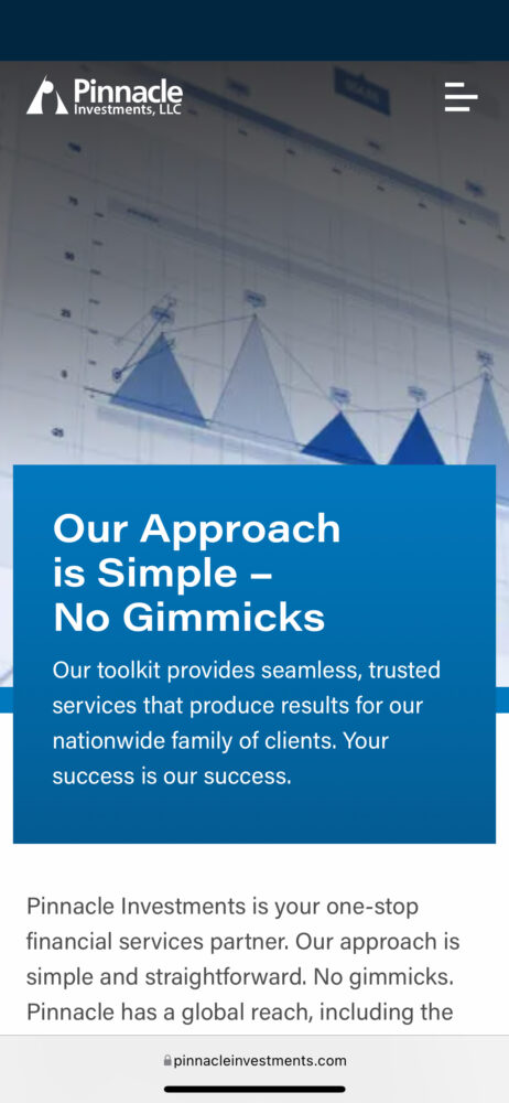 Pinnacle Investments responsive process and about page shown on a mobile mockup