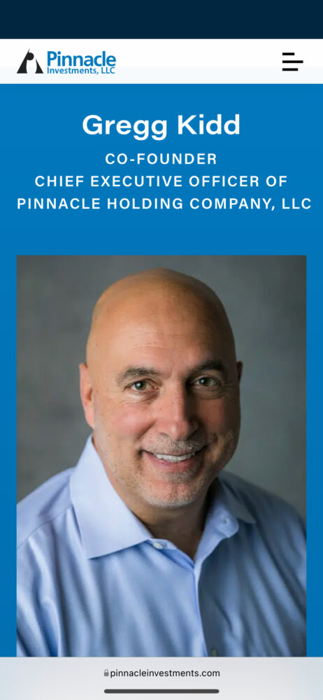 Pinnacle Investments responsive team member profile page shown on a mobile mockup