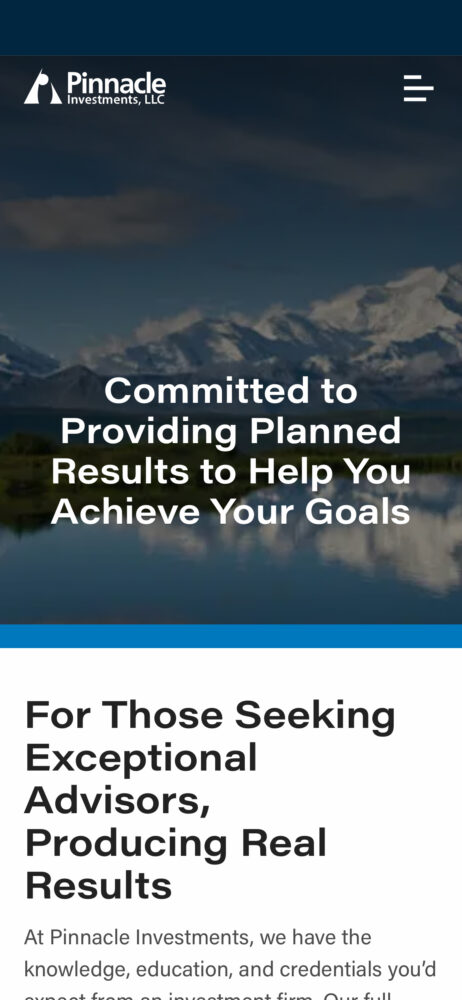 Pinnacle Investments responsive home page shown on a mobile mockup
