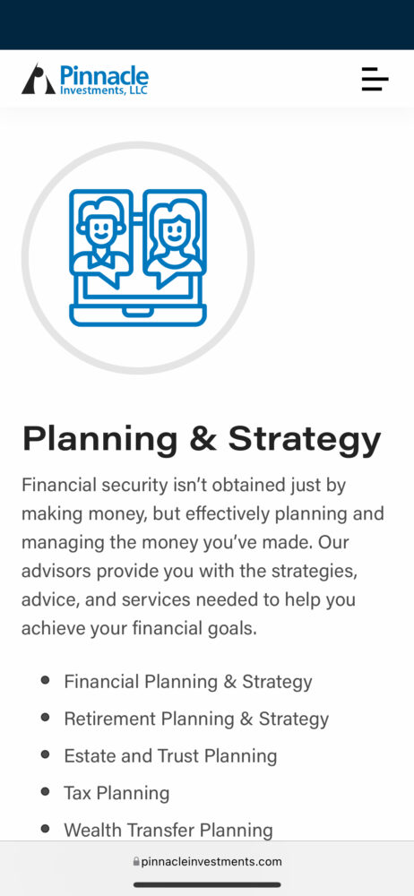 Pinnacle Investments responsive services and solutions page shown on a mobile mockup