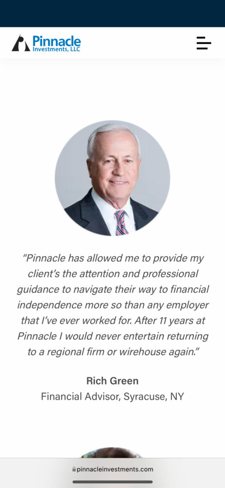 Pinnacle Investments responsive testimonials component shown on a mobile mockup