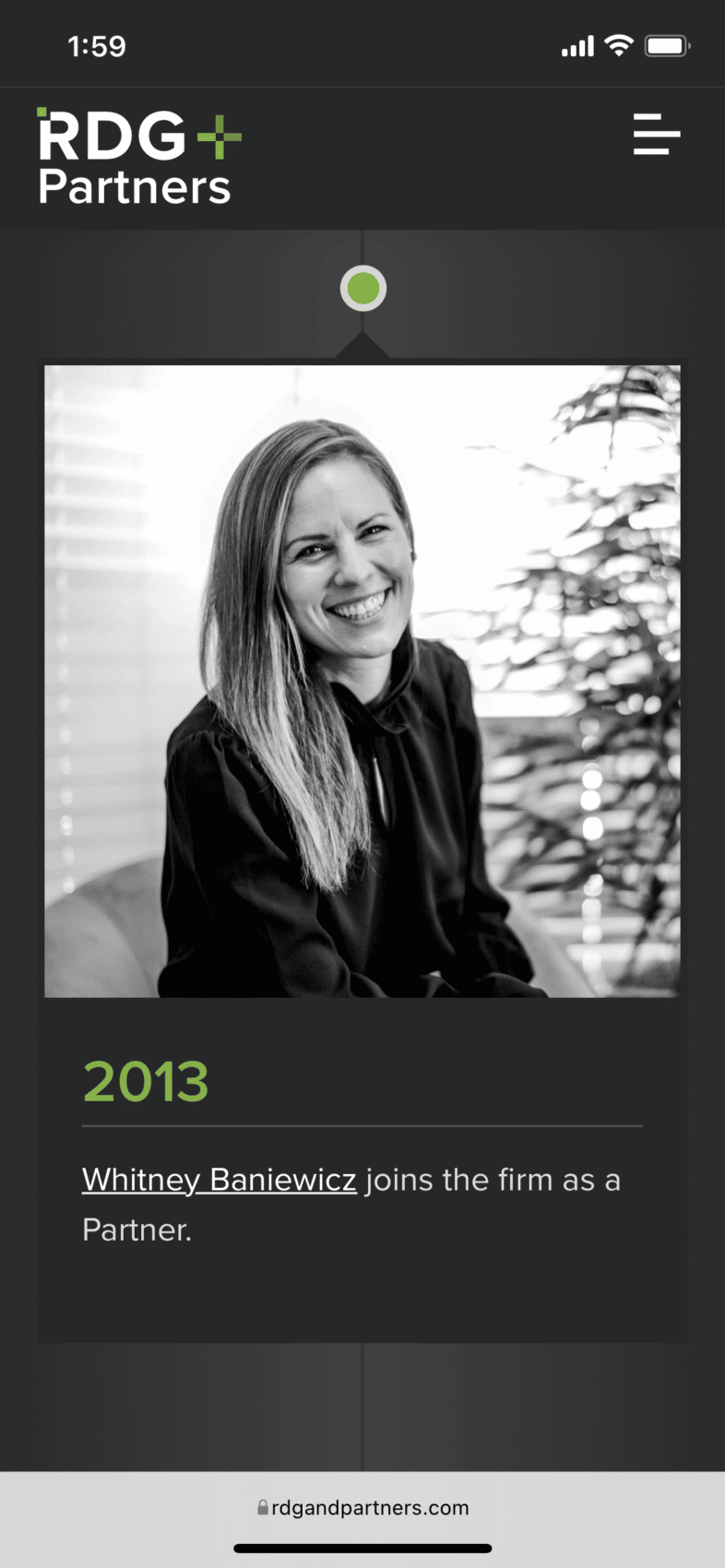 RDG+Partners responsive about and timeline page shown on a mobile mockup