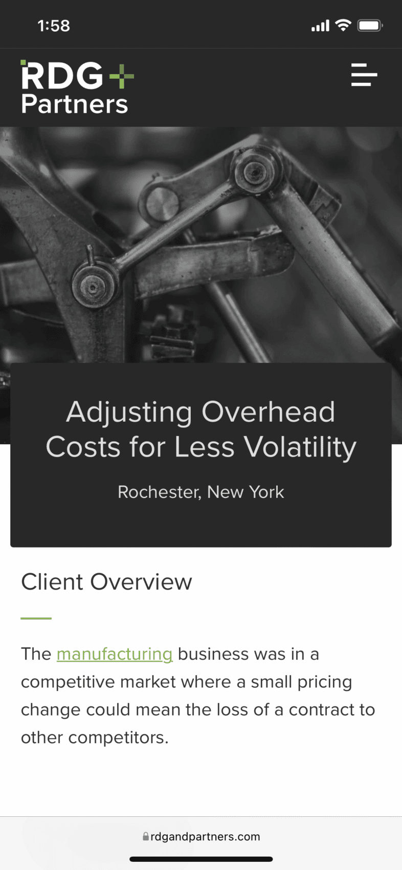 RDG+Partners responsive and dynamic case study page shown on a mobile mockup