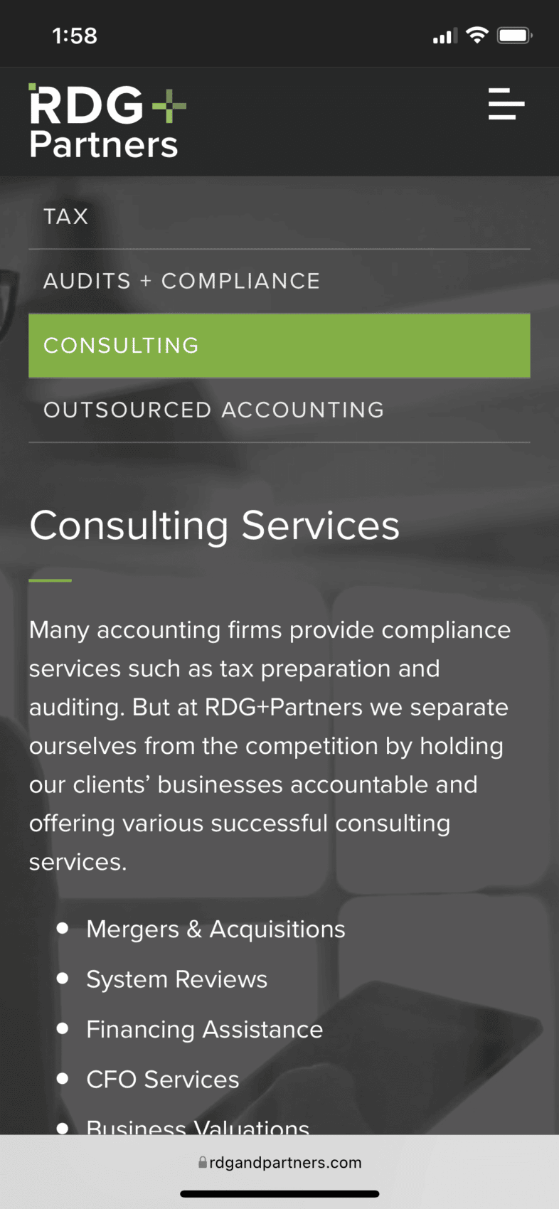 RDG+Partners responsive consulting services page shown on a mobile mockup