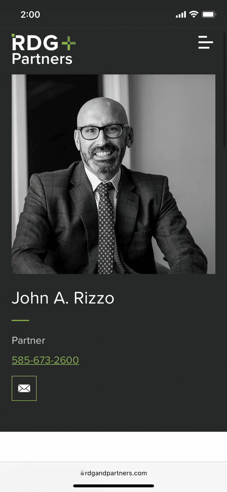 RDG+Partners responsive team and partners page for John Rizzo shown on a mobile mockup