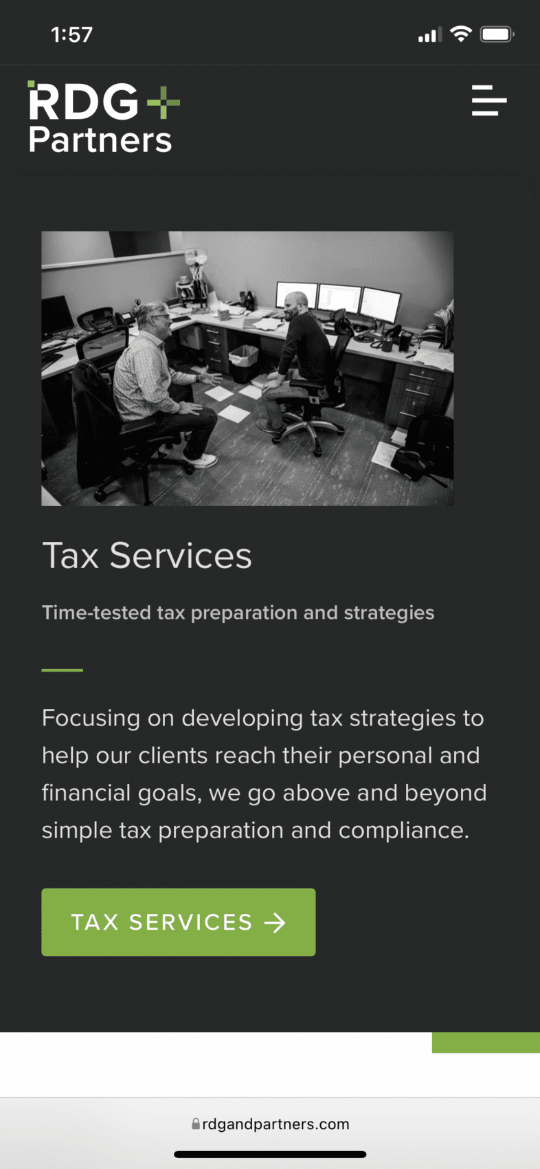 RDG+Partners responsive tax services page shown on a mobile mockup