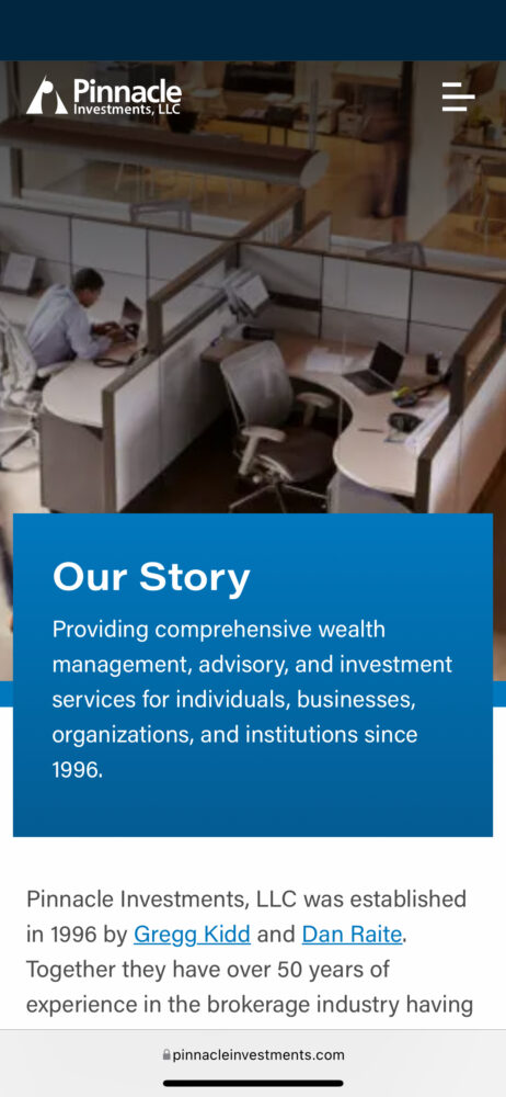 Pinnacle Investments responsive story and about page shown on a mobile mockup