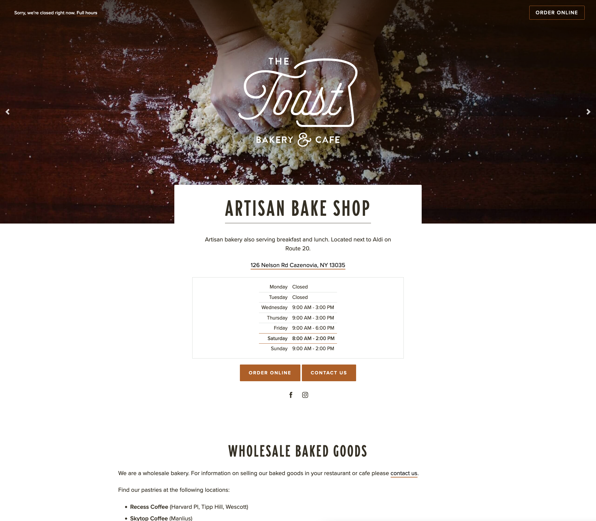 The Toast artisan bakeshop responsive website shown on a desktop device