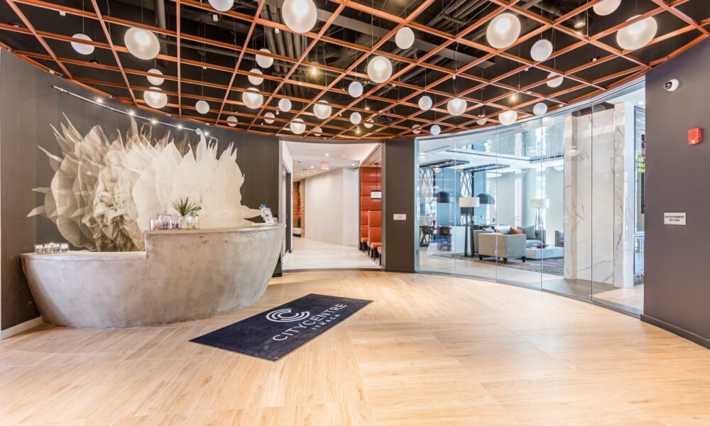 A beautifully lit lobby at City Centre in Ithaca, New York