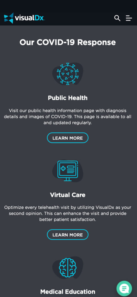 VisualDx's responsive COVID-19 and public health iconography page shown on a mobile mockup