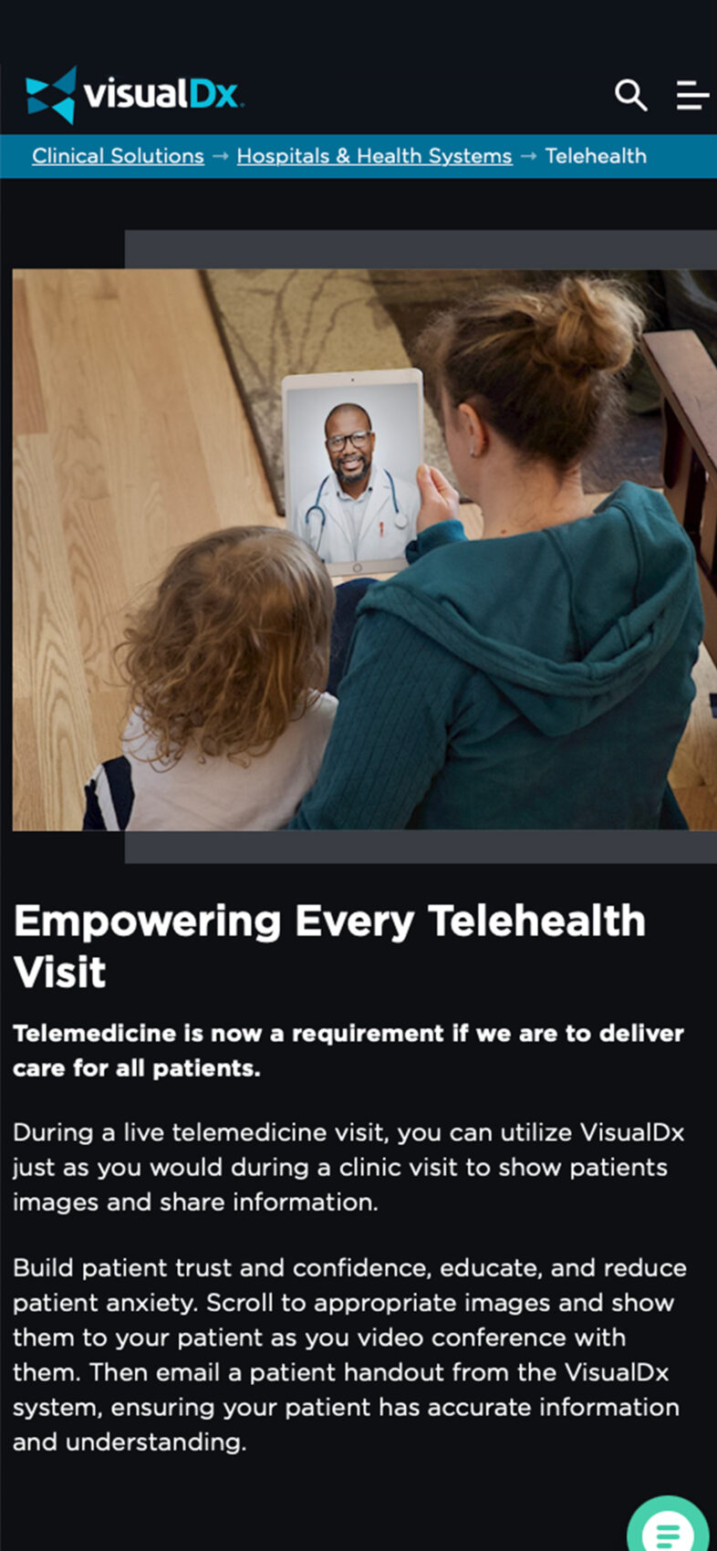VisualDx's responsive telehealth and remote diagnostics page shown on a mobile mockup