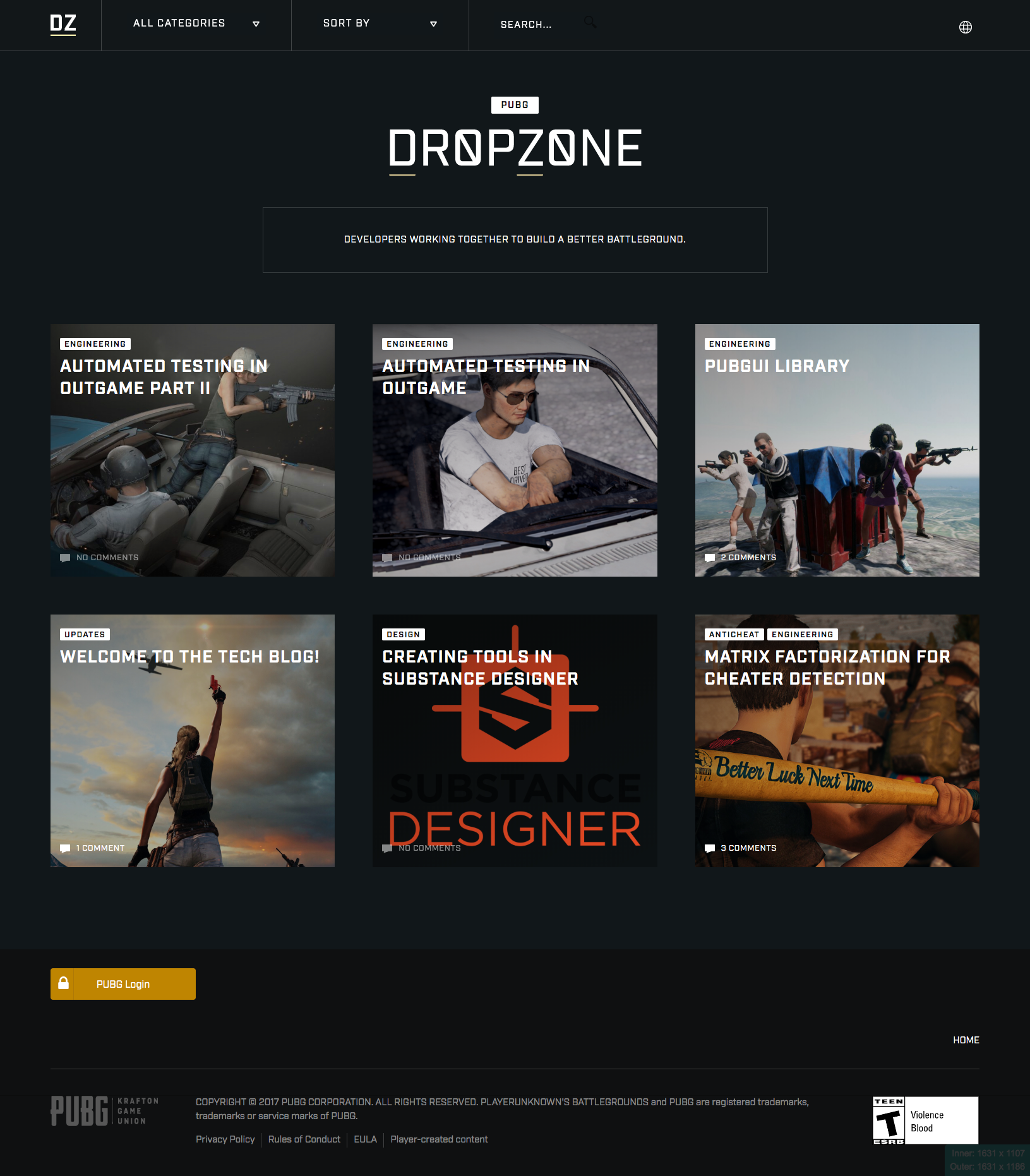 PUBG Dropzone developer blog list page on desktop