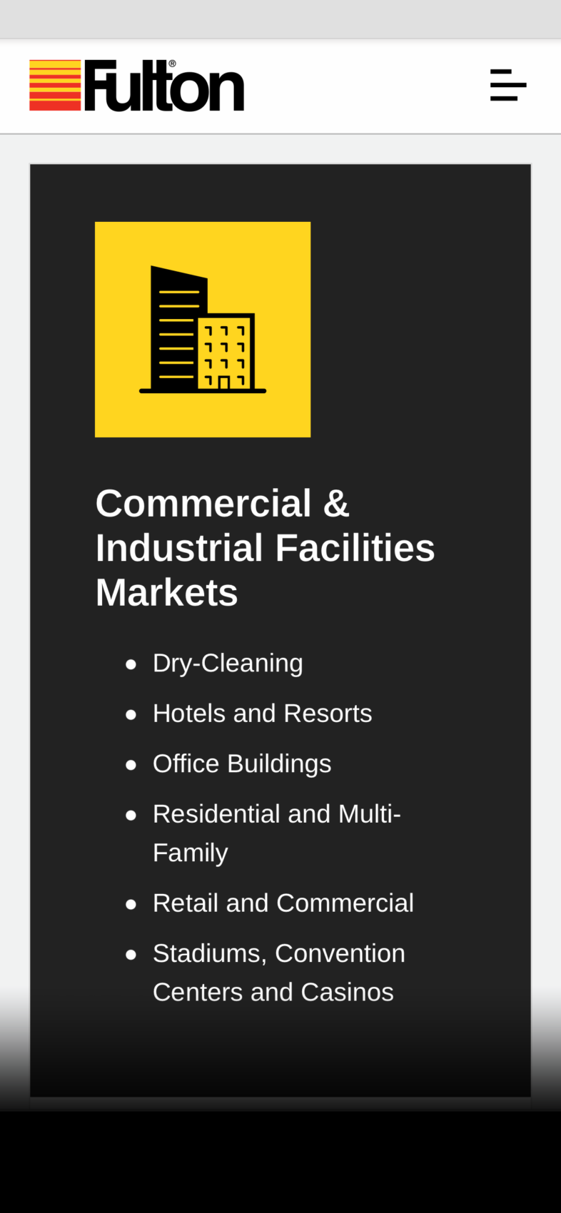 Fulton's responsive Industries Served page with simple iconography for Commercial & Industrial Facilities shown on a mobile mockup