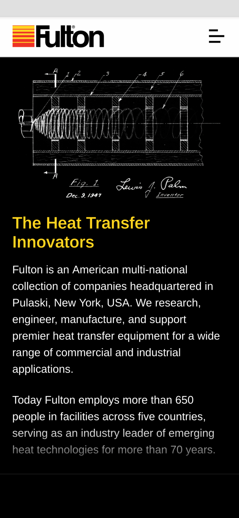 Fulton's responsive About and History page shown on a mobile mockup