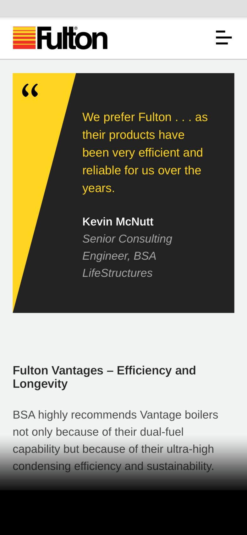 Fulton's responsive case study page with a dynamic client testimonial shown on a mobile mockup