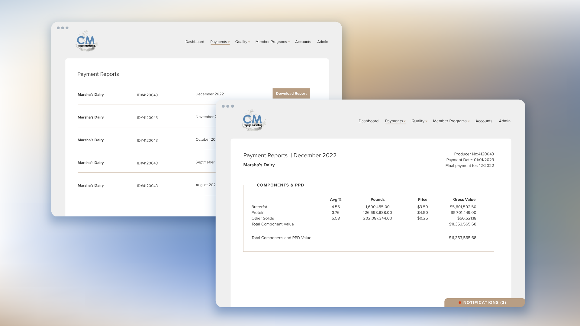 Two overlaping mockups that show the payment dashboard for a specific farmer member. These dashboards show historical payment information through tables with a sum of payment information on the lower right side.