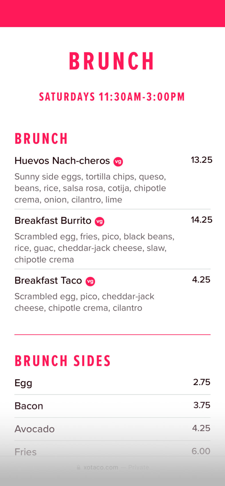 XO Taco's responsive website showing the Brunch menu