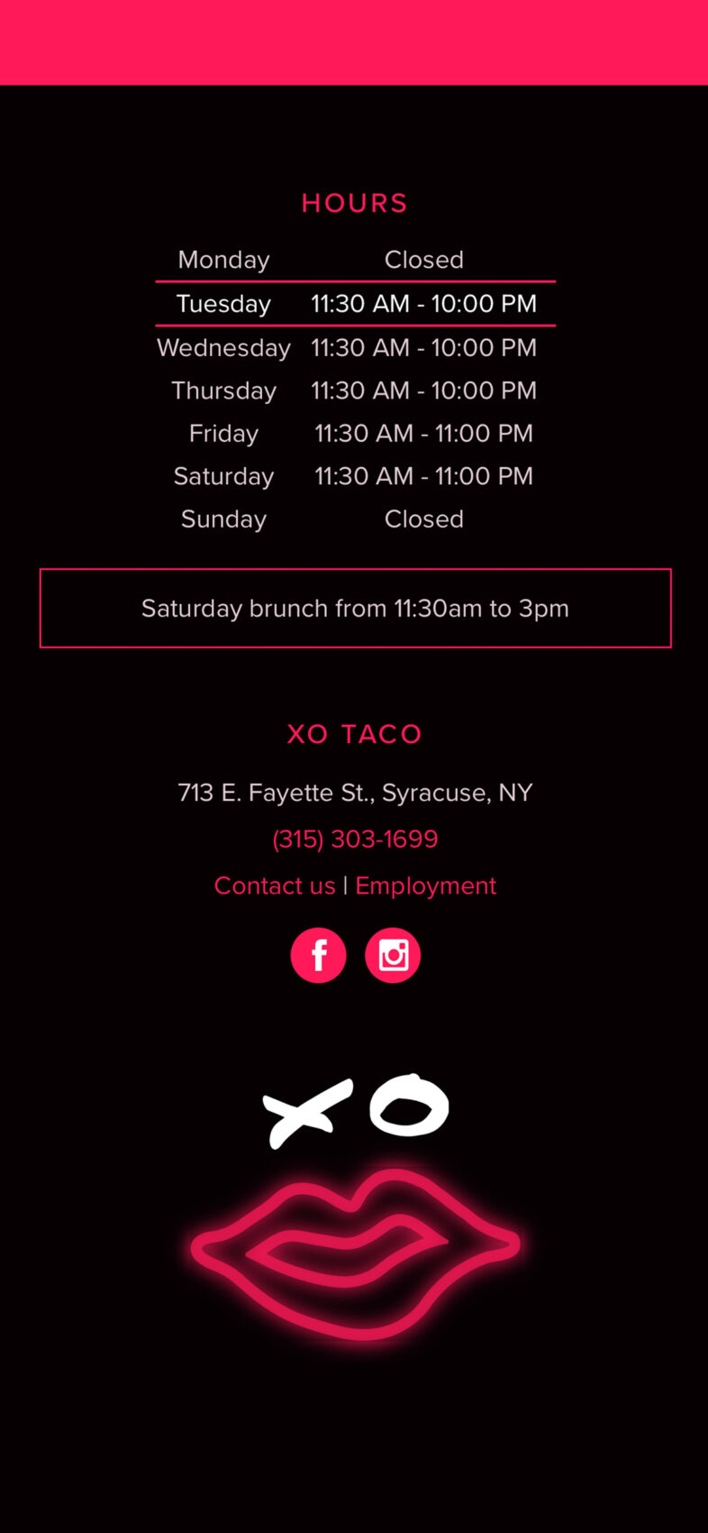 XO Taco's responsive website showing the dynamic restaurant hours footer