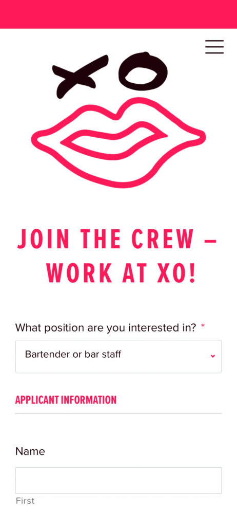 XO Taco's responsive website showing the dynamic employment application