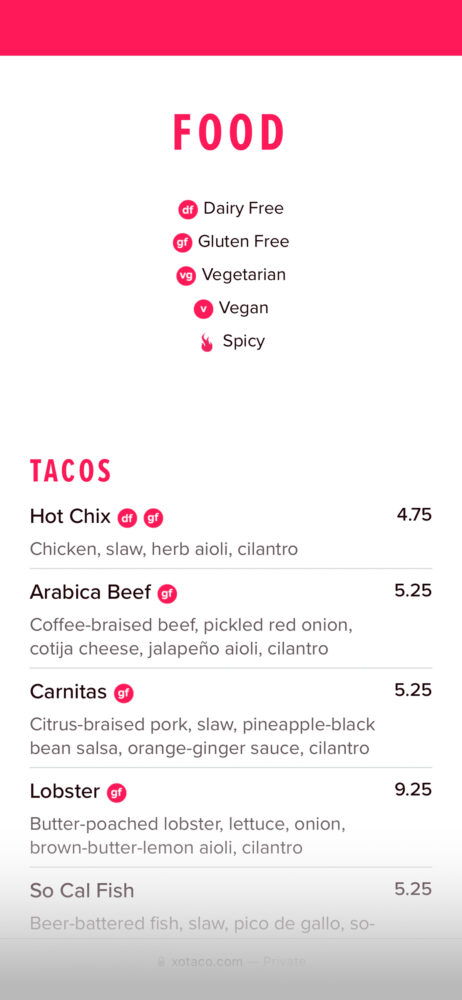 XO Taco's responsive website showing the menu options