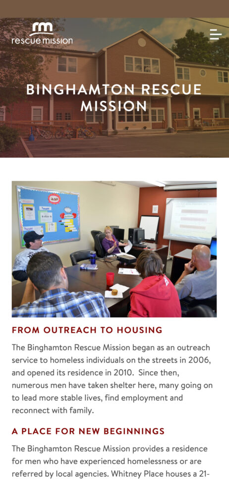 A mobile view of the Rescue Mission website showing the Binghamton, New York location for the Rescue Mission and explaining what that location does for community members