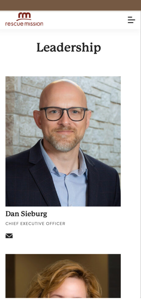 A mobile view of the Rescue Mission website showing their leadership team's portraits in a list, with Dan Sieburg shown on-screen