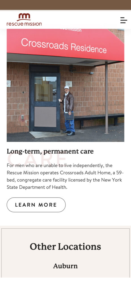 A mobile view of the Rescue Mission website showing the senior care facility operated by the Rescue Mission staff
