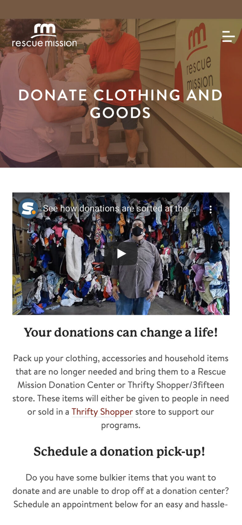 A mobile view of the Rescue Mission website showing a page that encourages donations and support of the organization