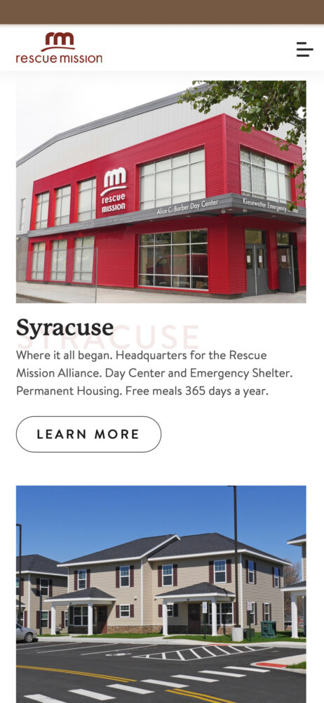 A mobile view of the Rescue Mission website showing locations for the Rescue Mission's facilities throughout New York