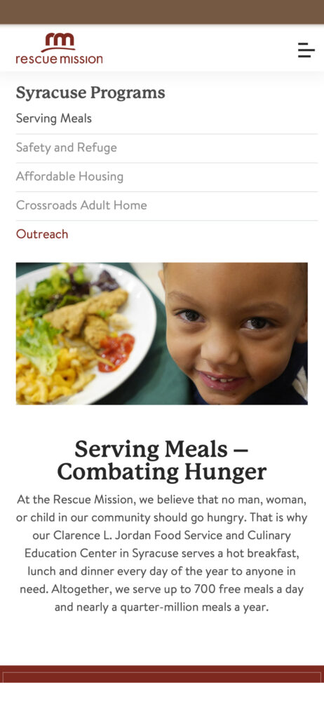 A mobile view of the Rescue Mission website showing a listing of the programs that Syracuse offers the community members