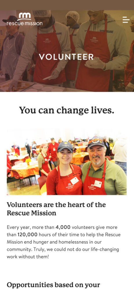 A mobile view of the Rescue Mission website showing a page to encourage volunteer involvement