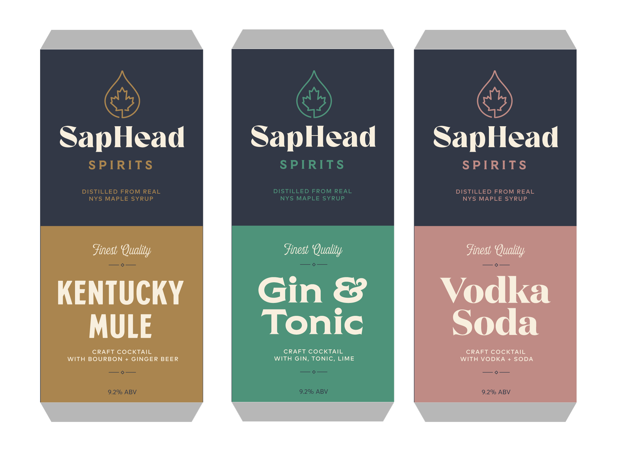 Three illustrated labels for Saphead Spirits showcasing appropriate visual contrasts between elements using hierarchy of shapes, colors and text