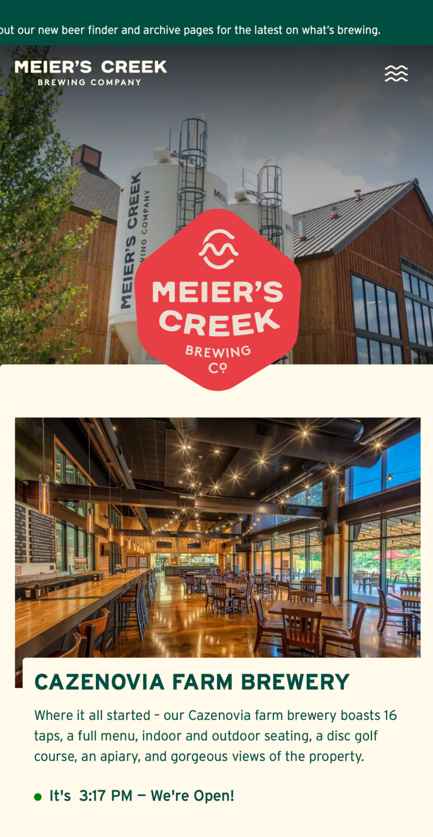 The Meier's Creek Brewing Company's home page shown on a mobile device sized layout